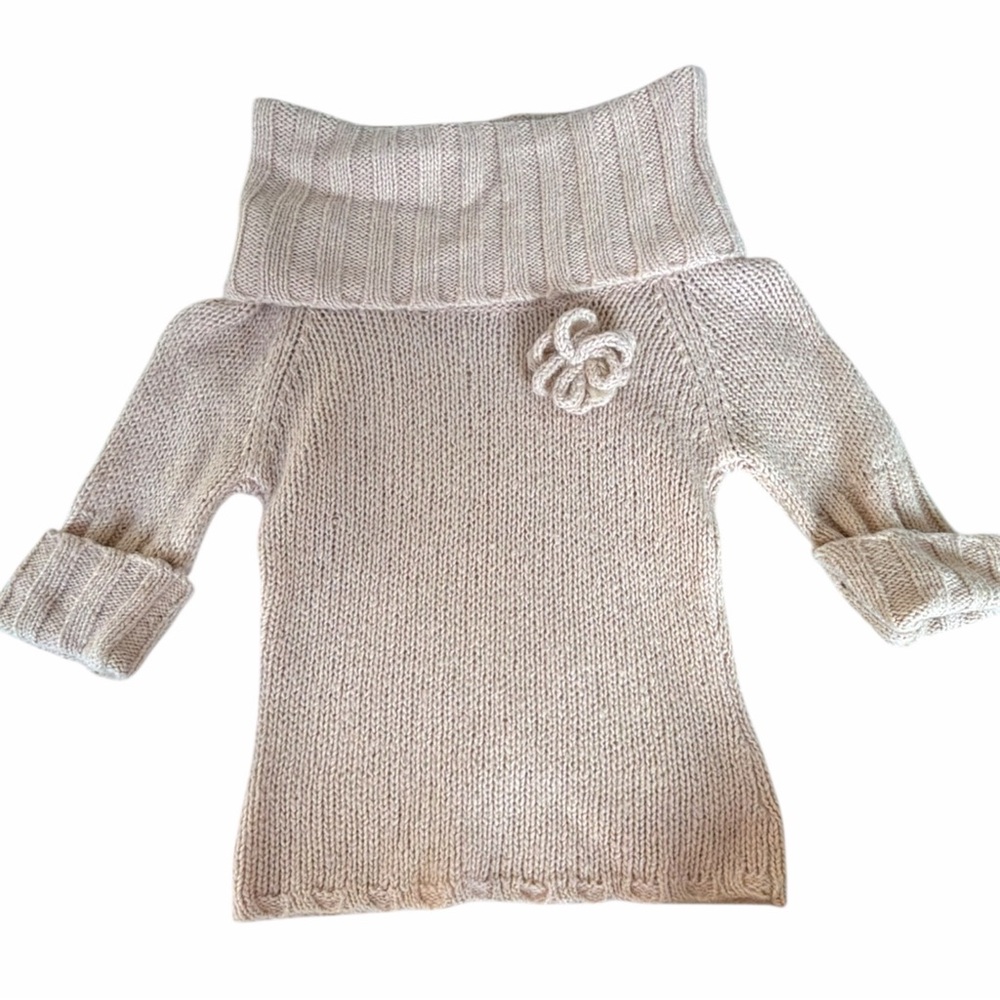 Vintage blush pink MNG Euro cowl neck cropped sweater with flower pin